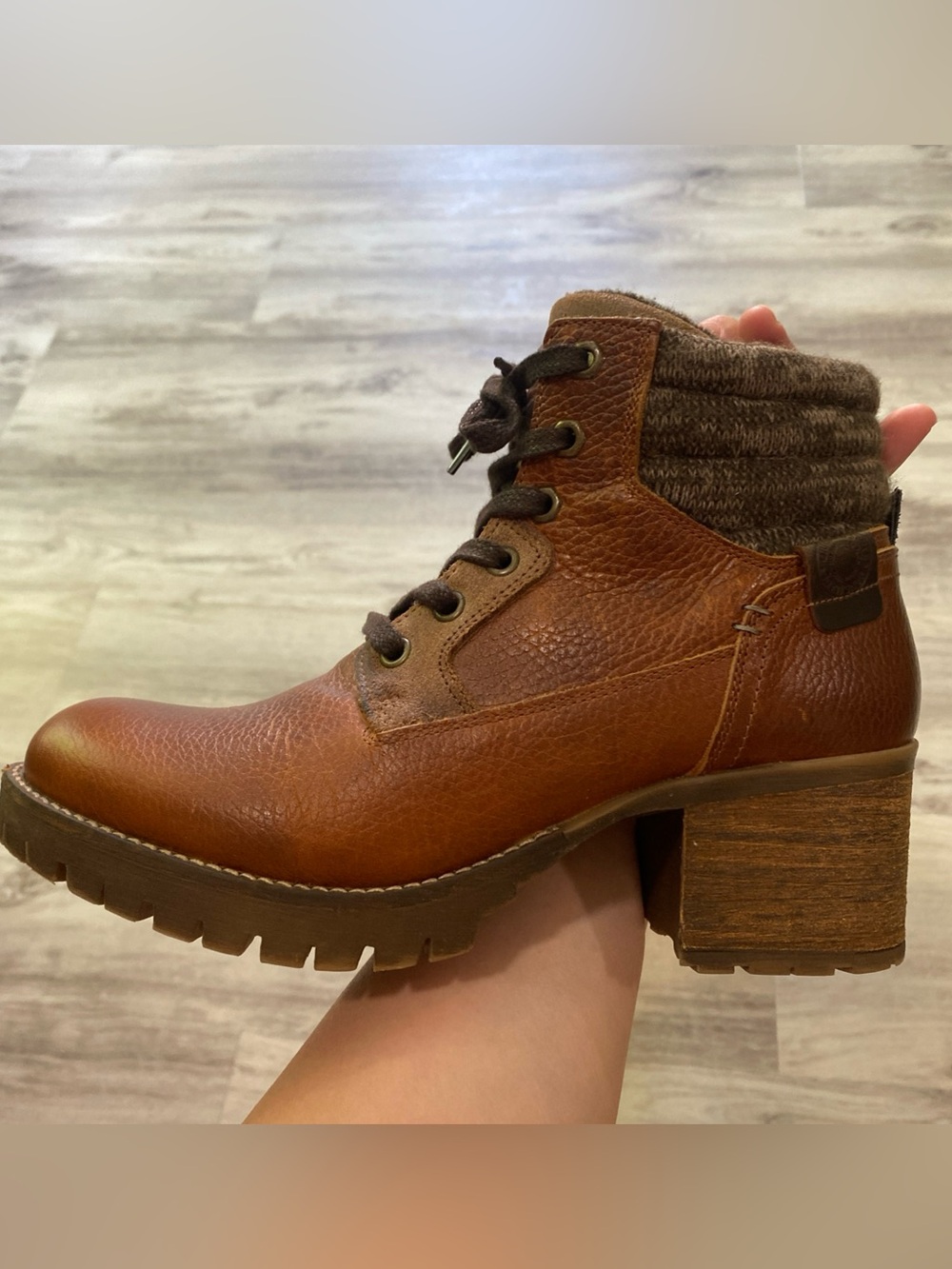 Women’s Cognac Leather Lace-Up Ankle Boot with Knit Cuff